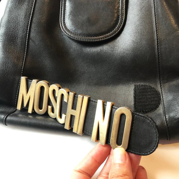 MOSCHINO VINTAGE BLACK LEATHER SHOULDER BAG - Picture 3 of 9